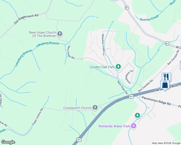 map of restaurants, bars, coffee shops, grocery stores, and more near 219 New Hope Road in Jonesborough