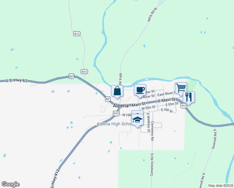 map of restaurants, bars, coffee shops, grocery stores, and more near 102 WPA Road in Alpena