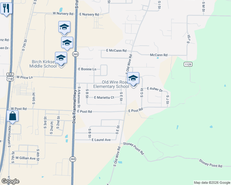 map of restaurants, bars, coffee shops, grocery stores, and more near 426 East Asher Court in Rogers