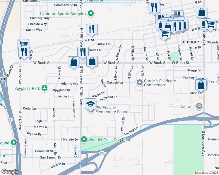 map of restaurants, bars, coffee shops, grocery stores, and more near 945 Aspen Court in Lemoore