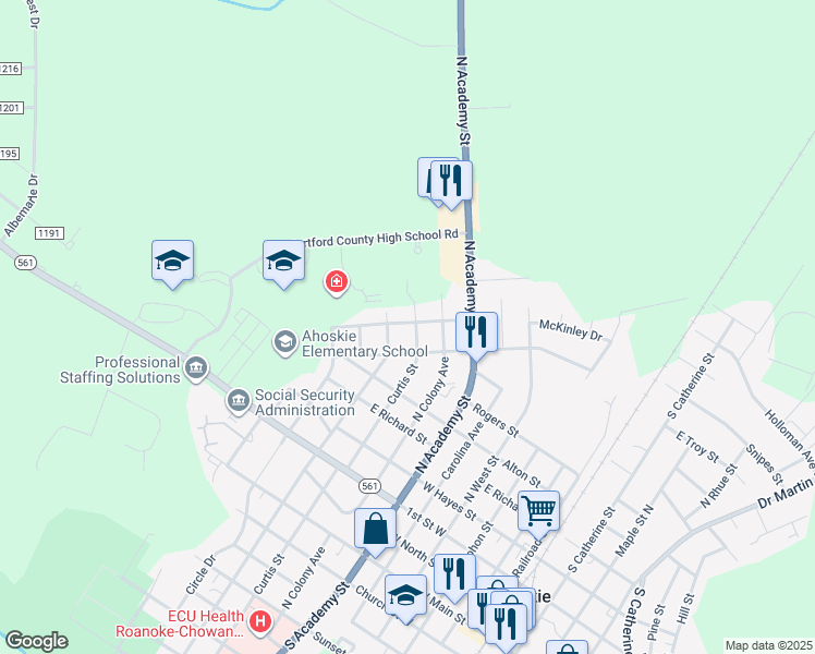map of restaurants, bars, coffee shops, grocery stores, and more near 900 East Troy Street in Ahoskie