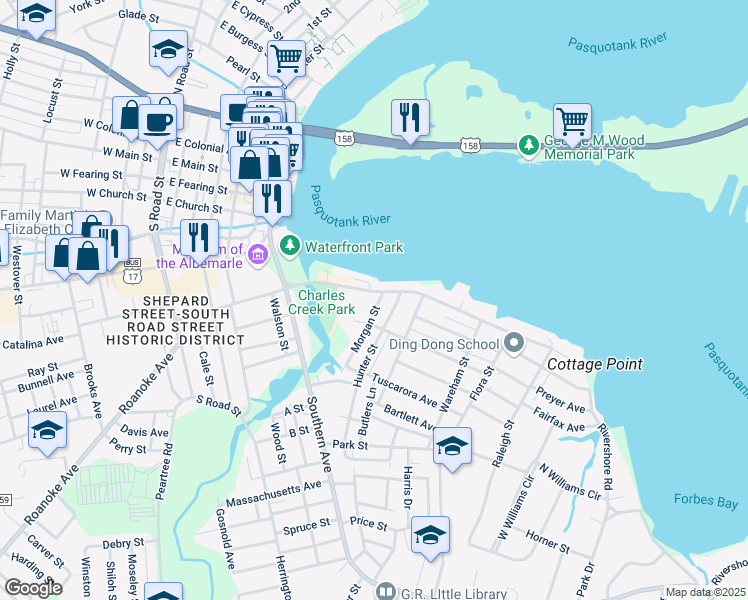 map of restaurants, bars, coffee shops, grocery stores, and more near 737 Riverside Avenue in Elizabeth City