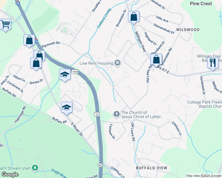 map of restaurants, bars, coffee shops, grocery stores, and more near 2820 Plymouth Road in Johnson City