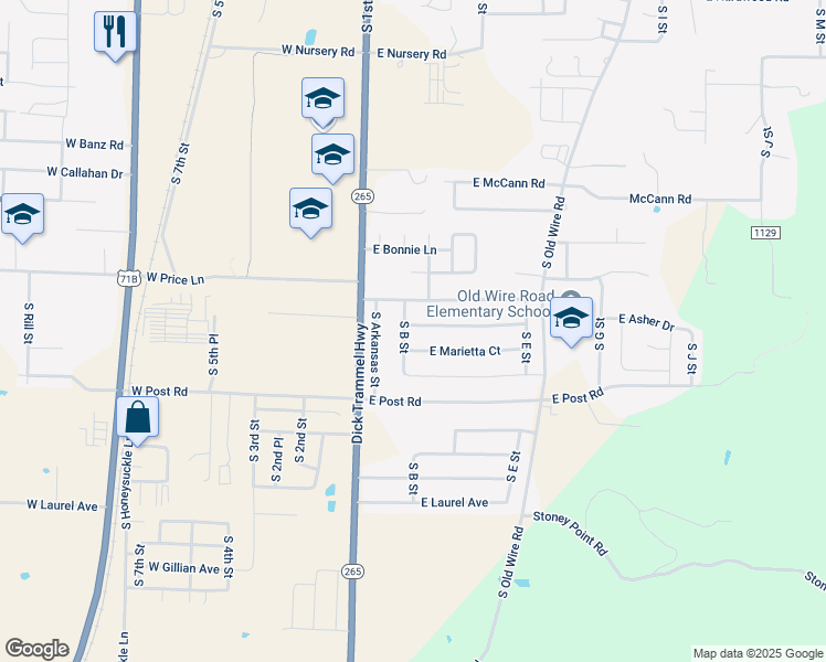 map of restaurants, bars, coffee shops, grocery stores, and more near 202 East Asher Court in Rogers