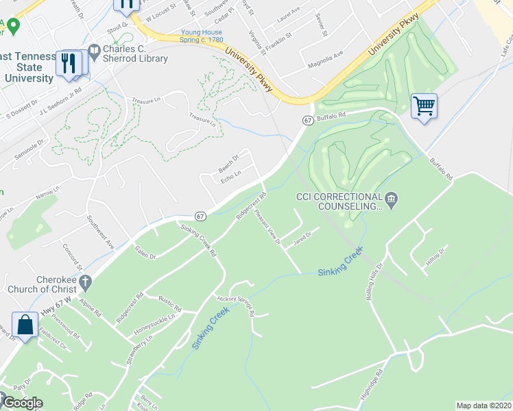 map of restaurants, bars, coffee shops, grocery stores, and more near 1901 Pleasant View Drive in Johnson City