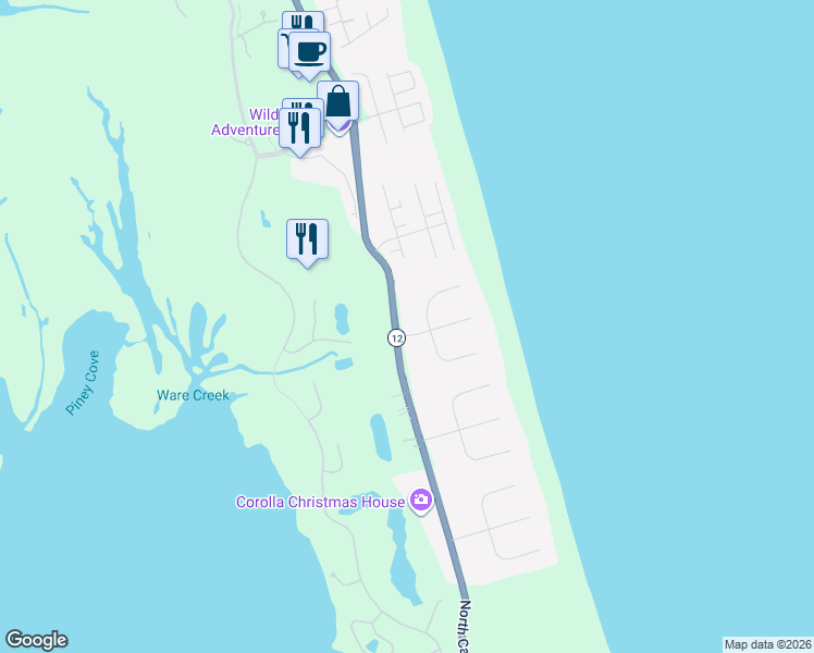 map of restaurants, bars, coffee shops, grocery stores, and more near 573 Ocean Trail in Corolla