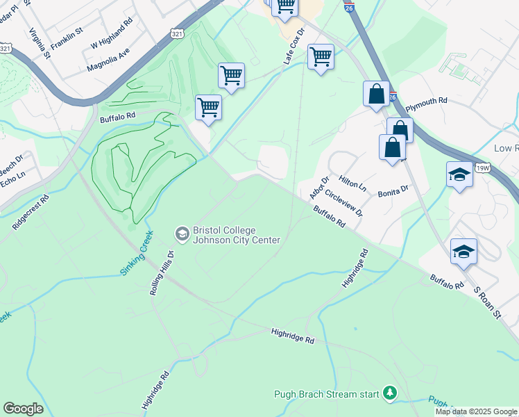 map of restaurants, bars, coffee shops, grocery stores, and more near 2212 Buffalo Road in Johnson City