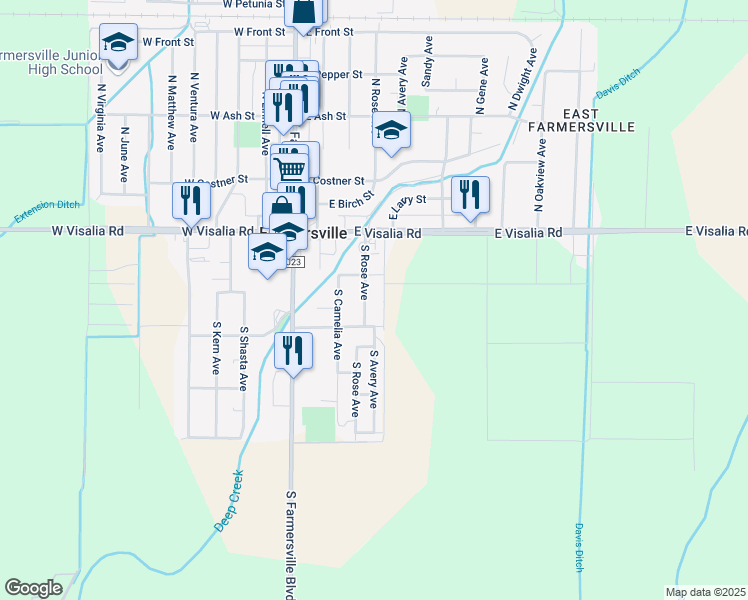 map of restaurants, bars, coffee shops, grocery stores, and more near 370 S Rose Ave in Farmersville