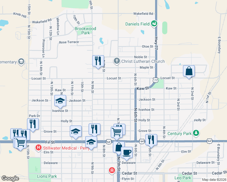 map of restaurants, bars, coffee shops, grocery stores, and more near 1023 North 7th Street in Perry