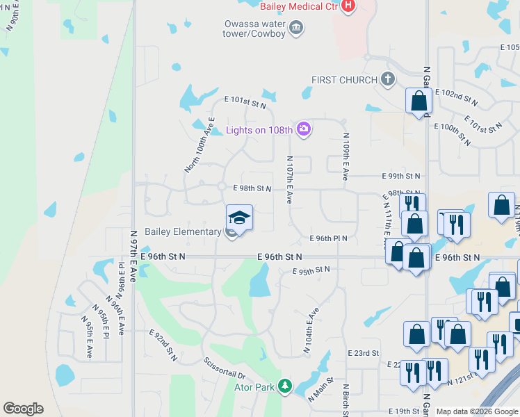 map of restaurants, bars, coffee shops, grocery stores, and more near 10201 East 97th Street North in Owasso