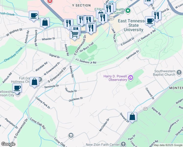 map of restaurants, bars, coffee shops, grocery stores, and more near 1402 Seminole Dr in Johnson City