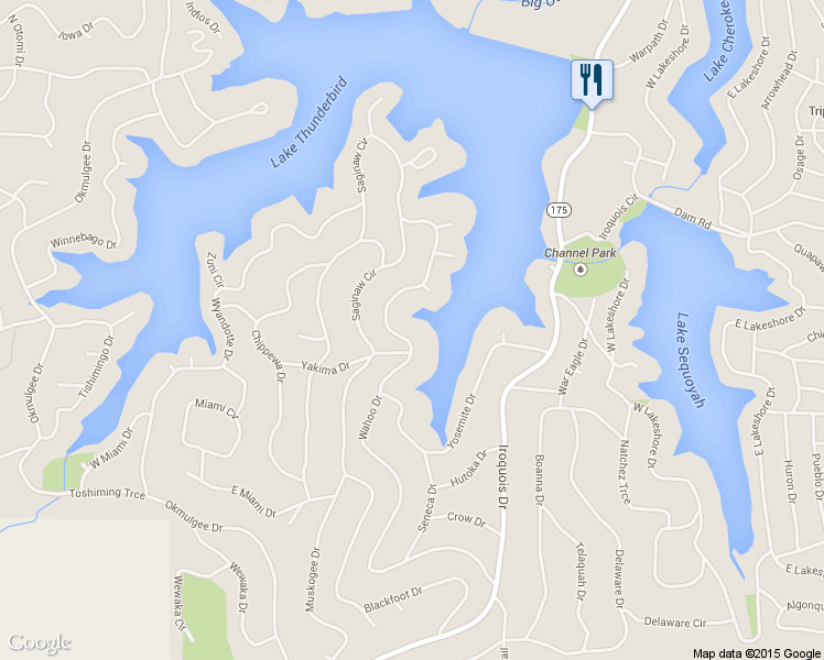 map of restaurants, bars, coffee shops, grocery stores, and more near 35 Wahoo Drive in Cherokee Village