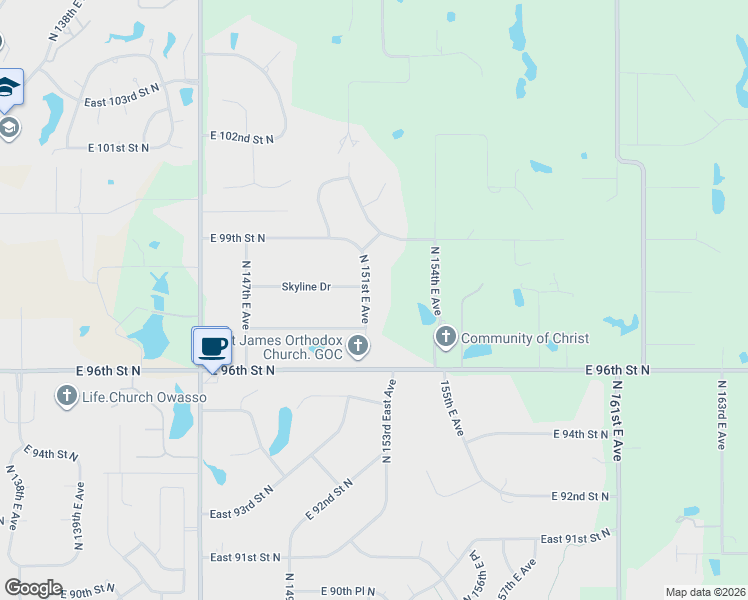 map of restaurants, bars, coffee shops, grocery stores, and more near 9731 North 151st East Avenue in Owasso