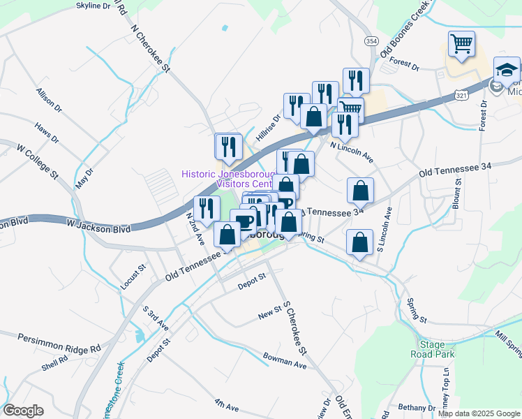 map of restaurants, bars, coffee shops, grocery stores, and more near 112 East College Street in Jonesborough