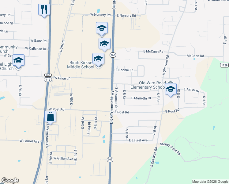 map of restaurants, bars, coffee shops, grocery stores, and more near 3008 S Arkansas St in Rogers