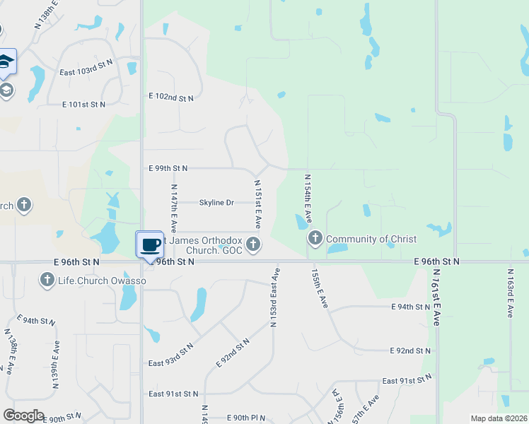 map of restaurants, bars, coffee shops, grocery stores, and more near 9731 North 151st East Avenue in Owasso