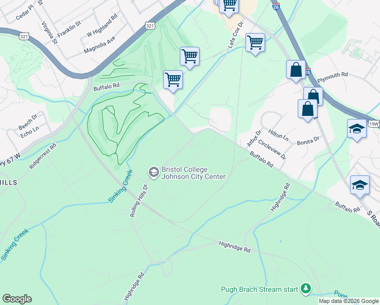 map of restaurants, bars, coffee shops, grocery stores, and more near 601 Rolling Hills Drive in Johnson City