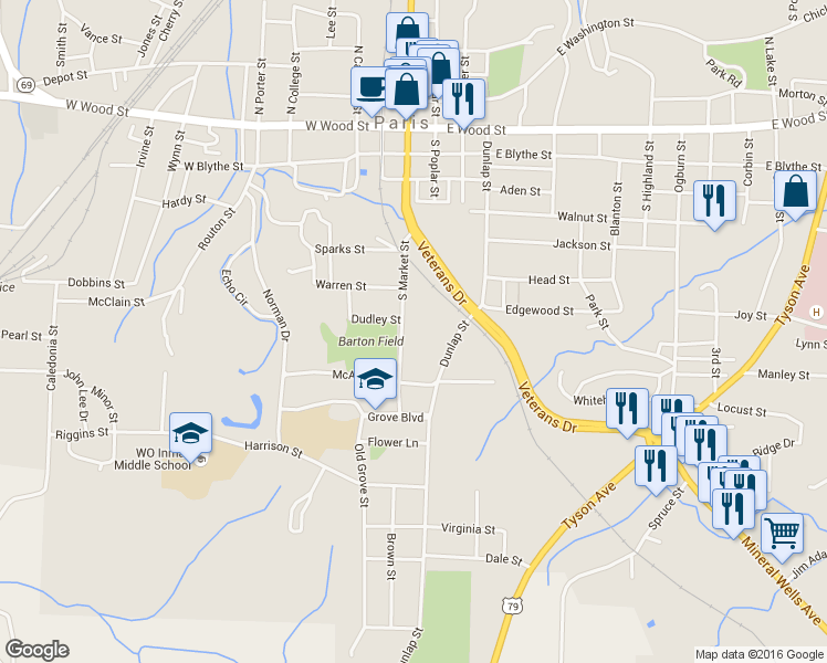 map of restaurants, bars, coffee shops, grocery stores, and more near 703 South Market Street in Paris