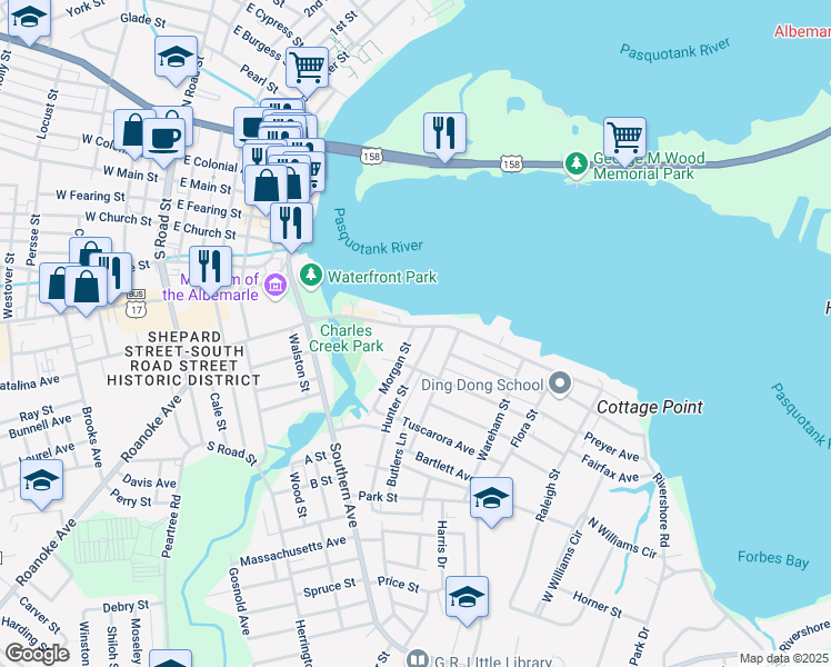 map of restaurants, bars, coffee shops, grocery stores, and more near 745 Riverside Avenue in Elizabeth City