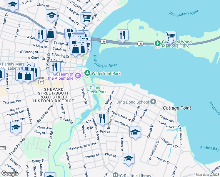 map of restaurants, bars, coffee shops, grocery stores, and more near 737 Riverside Avenue in Elizabeth City