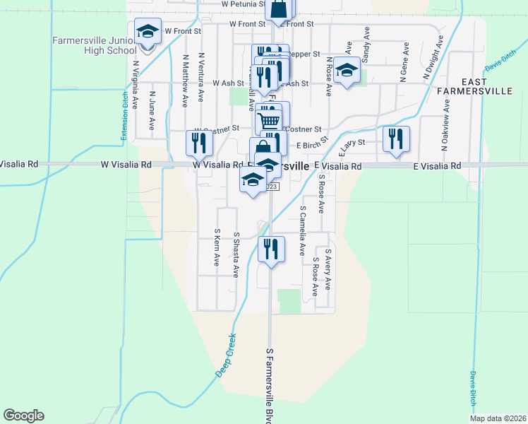 map of restaurants, bars, coffee shops, grocery stores, and more near 301 South Farmersville Boulevard in Farmersville