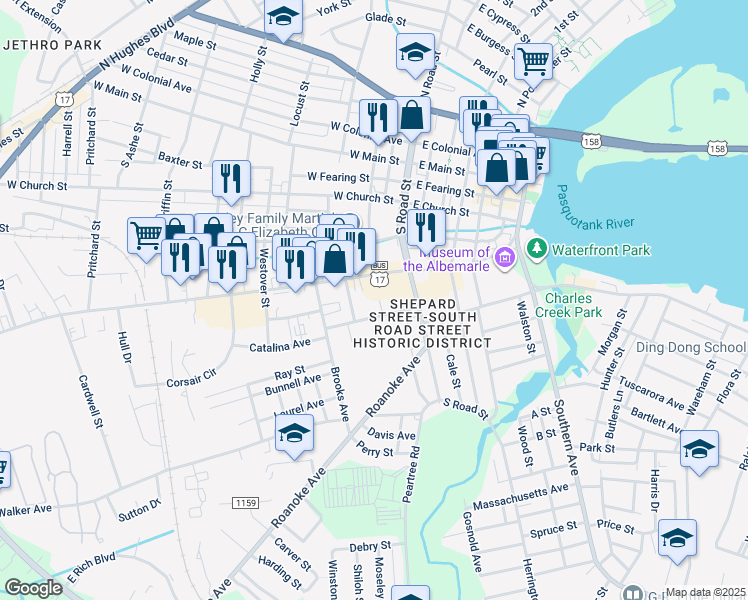 map of restaurants, bars, coffee shops, grocery stores, and more near 516 Ball St in Elizabeth City