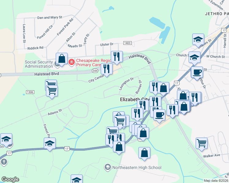 map of restaurants, bars, coffee shops, grocery stores, and more near 1804 Providence Rd in Elizabeth City