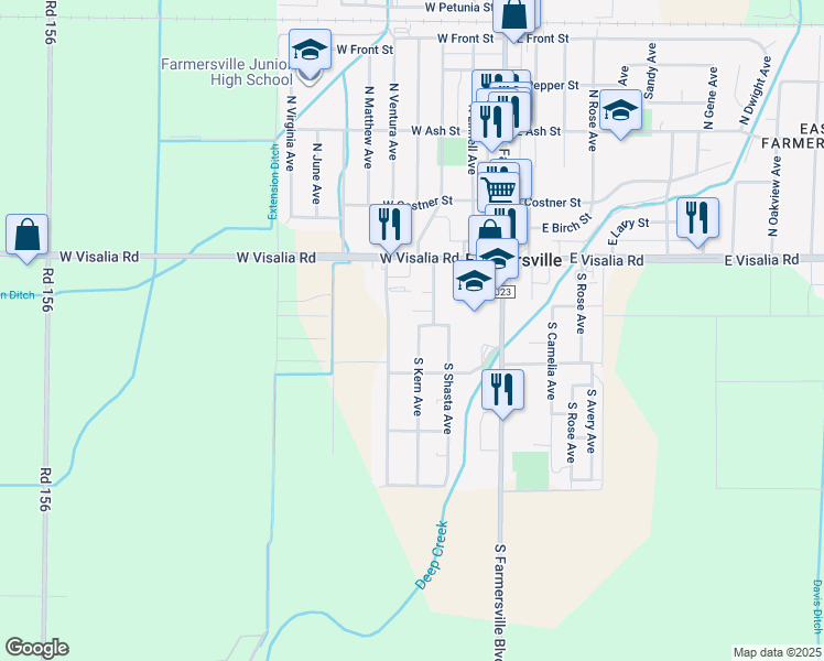 map of restaurants, bars, coffee shops, grocery stores, and more near 349 South Kern Avenue in Farmersville