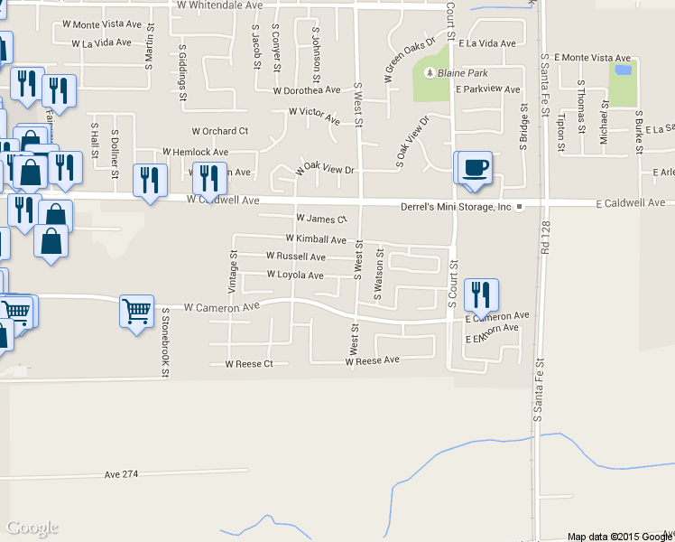 map of restaurants, bars, coffee shops, grocery stores, and more near 546 West Loyola Avenue in Visalia