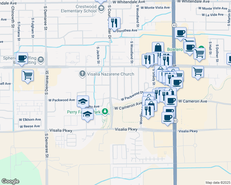 map of restaurants, bars, coffee shops, grocery stores, and more near 3905 South Linda Vista Street in Visalia