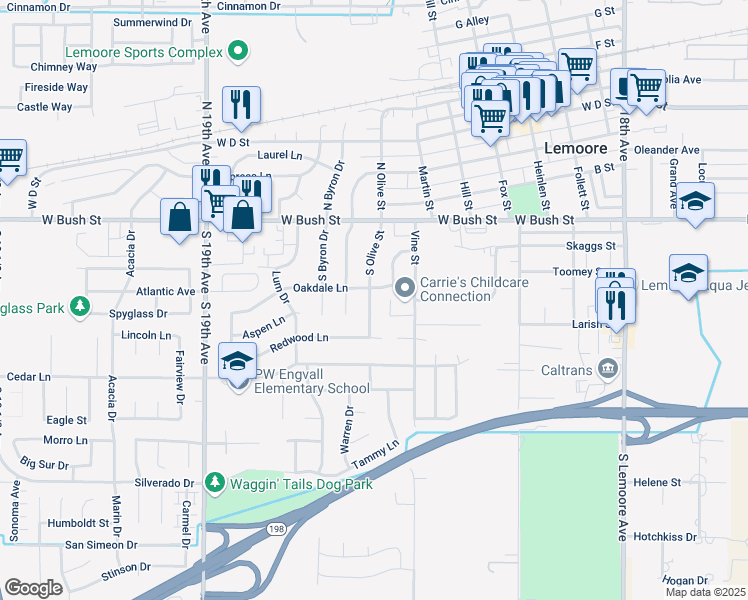 map of restaurants, bars, coffee shops, grocery stores, and more near 110 South Olive Street in Lemoore