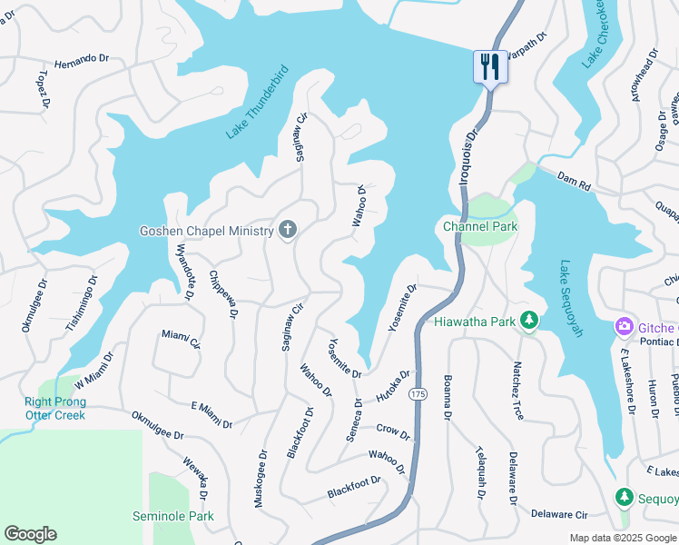 map of restaurants, bars, coffee shops, grocery stores, and more near 35 Wahoo Drive in Cherokee Village