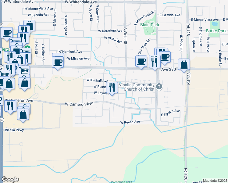 map of restaurants, bars, coffee shops, grocery stores, and more near 632 West Loyola Avenue in Visalia
