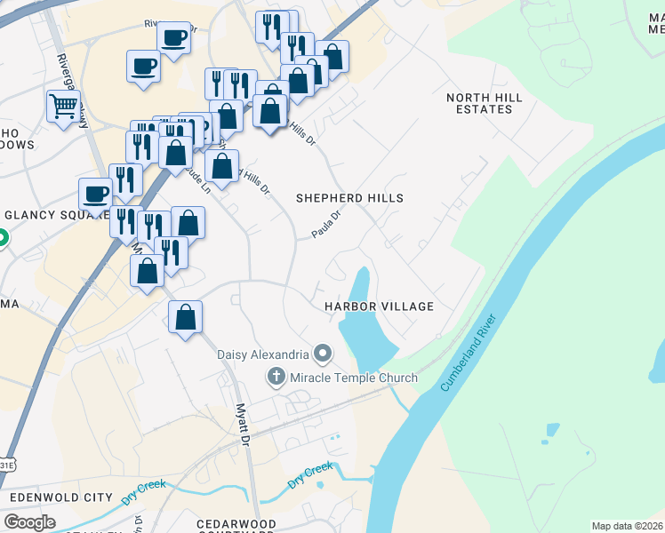 map of restaurants, bars, coffee shops, grocery stores, and more near 515 Spring Branch Drive in Nashville