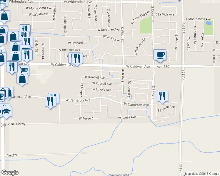 map of restaurants, bars, coffee shops, grocery stores, and more near 632 West Loyola Avenue in Visalia