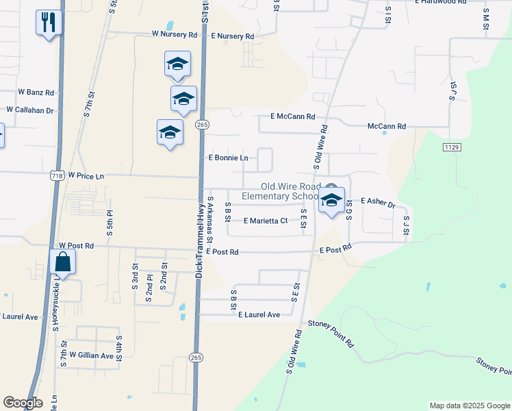 map of restaurants, bars, coffee shops, grocery stores, and more near 310 East Asher Court in Rogers
