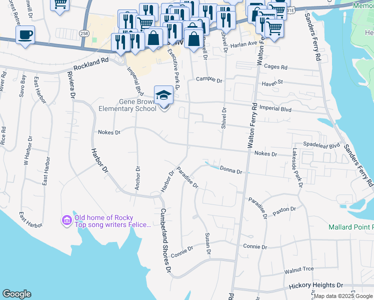 map of restaurants, bars, coffee shops, grocery stores, and more near 250 Stadium Drive in Hendersonville
