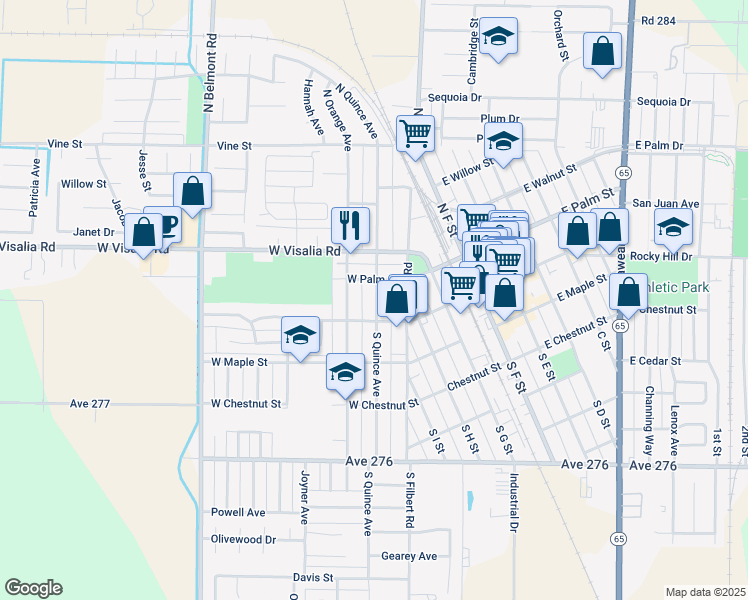 map of restaurants, bars, coffee shops, grocery stores, and more near 132 North Quince Avenue in Exeter