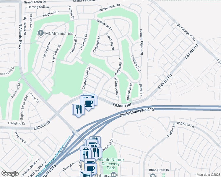 map of restaurants, bars, coffee shops, grocery stores, and more near 7436 Goosander Street in North Las Vegas