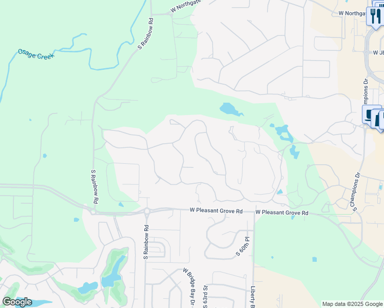 map of restaurants, bars, coffee shops, grocery stores, and more near 20 South Mission Hills Circle in Rogers