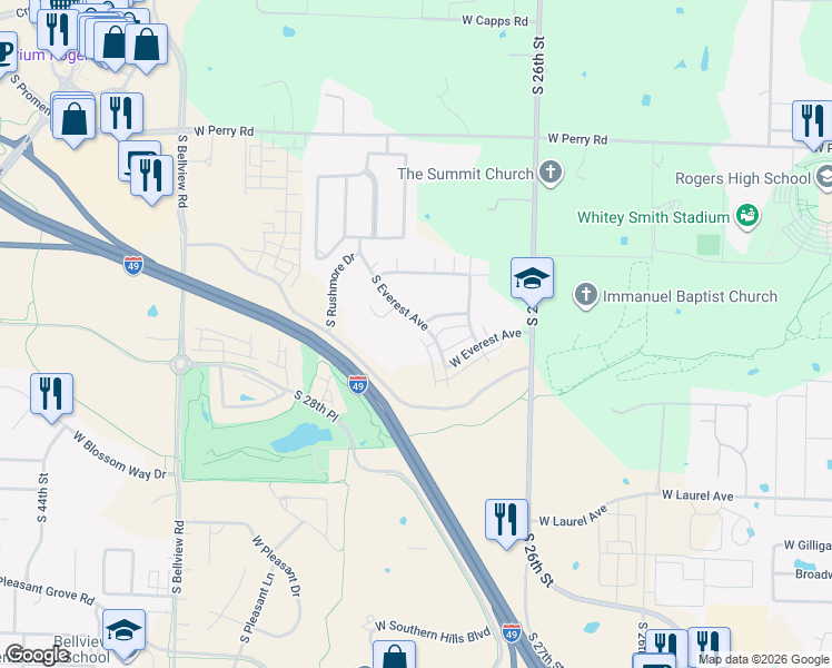 map of restaurants, bars, coffee shops, grocery stores, and more near 2712 South Everest Avenue in Rogers