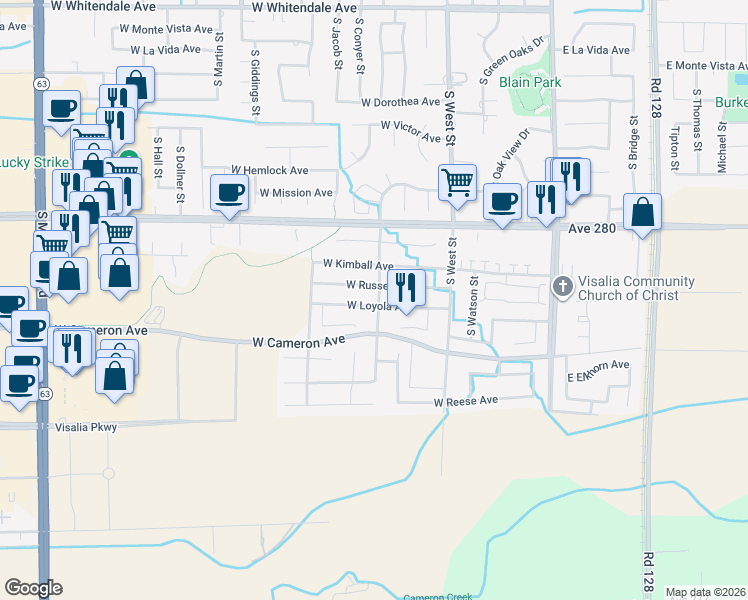 map of restaurants, bars, coffee shops, grocery stores, and more near 804 West Loyola Avenue in Visalia