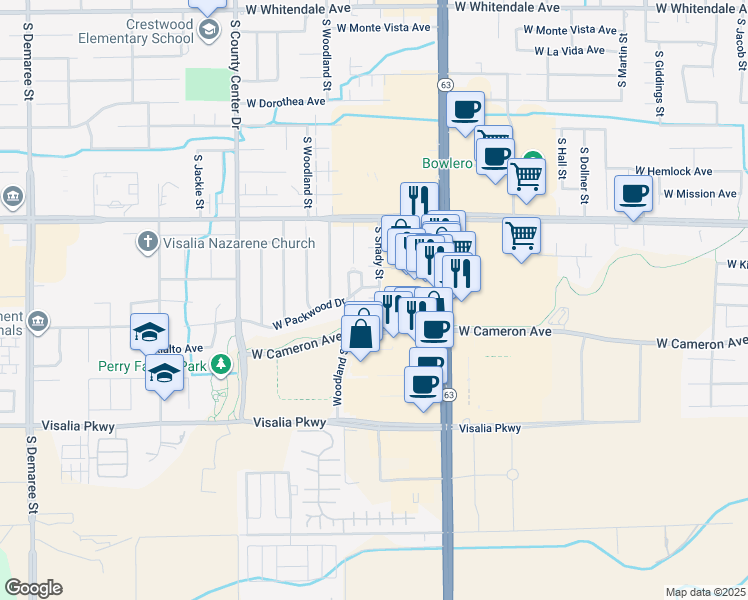 map of restaurants, bars, coffee shops, grocery stores, and more near 3921 South Shady Court in Visalia