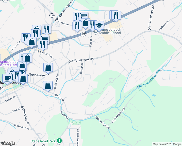 map of restaurants, bars, coffee shops, grocery stores, and more near 110 Jackson Lane in Jonesborough