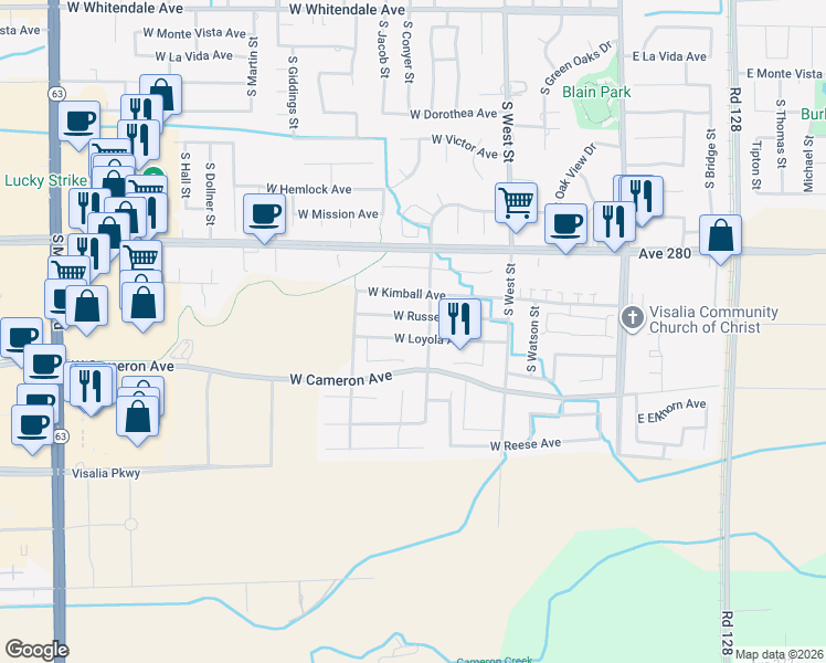 map of restaurants, bars, coffee shops, grocery stores, and more near 804 West Loyola Avenue in Visalia