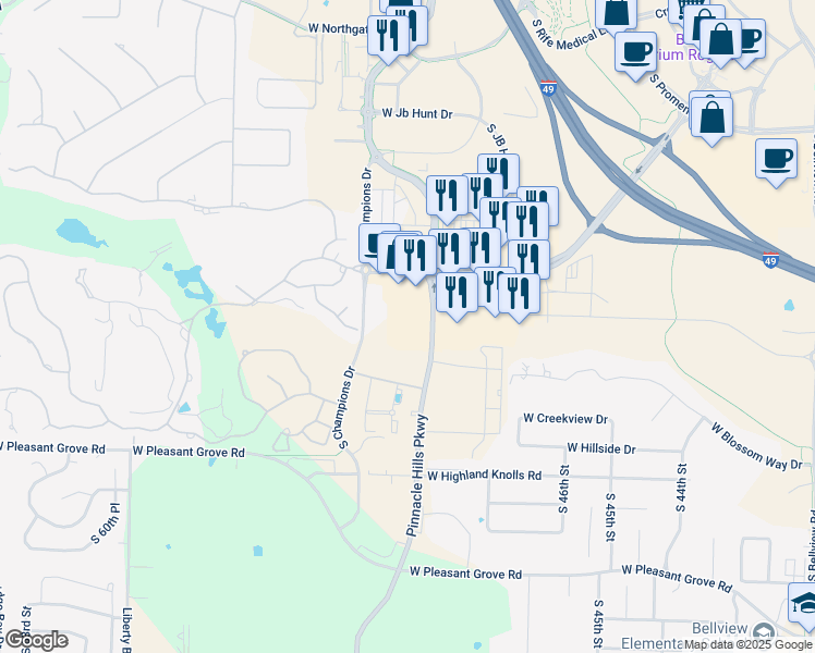 map of restaurants, bars, coffee shops, grocery stores, and more near 4204 South Pinnacle Hills Parkway in Rogers