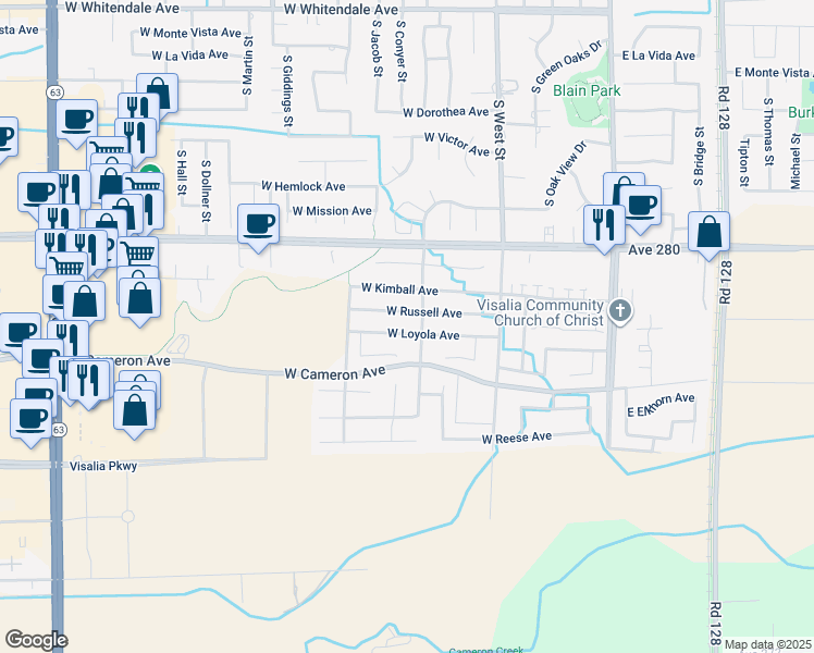 map of restaurants, bars, coffee shops, grocery stores, and more near 816 West Loyola Avenue in Visalia