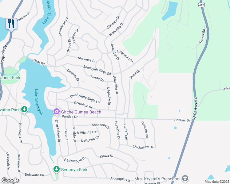 map of restaurants, bars, coffee shops, grocery stores, and more near 160 Hiawatha Drive in Cherokee Village