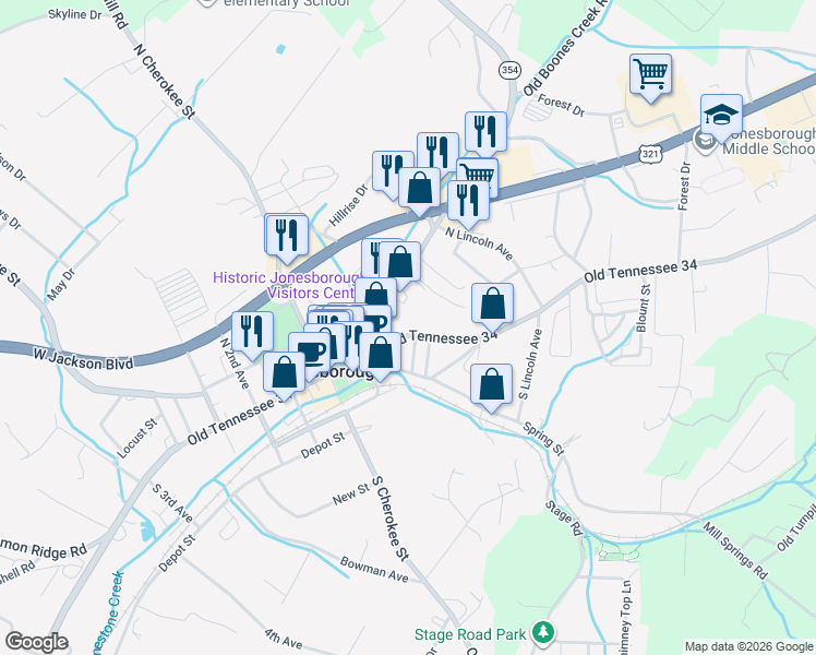 map of restaurants, bars, coffee shops, grocery stores, and more near 215 East Main Street in Jonesborough