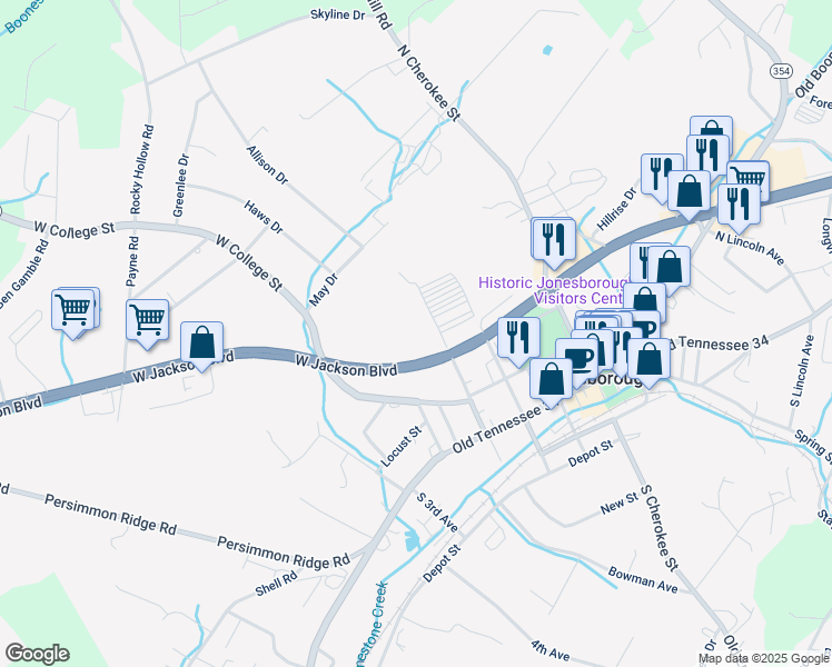 map of restaurants, bars, coffee shops, grocery stores, and more near 406 W Jackson Blvd in Jonesborough